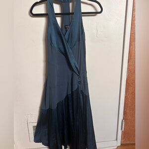 BEBE asymmetrical halter cocktail blue dress sz L